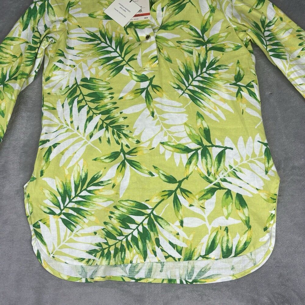Anne Klein Linen Shirt Womens X-Small Green Tunic Palm 3/4 Sleeve Button New $89 - Picture 9 of 16
